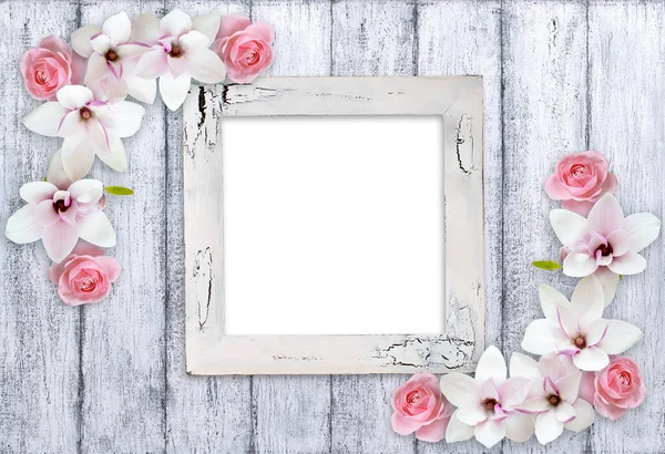 Retro photo frames with magnolia flowers and roses