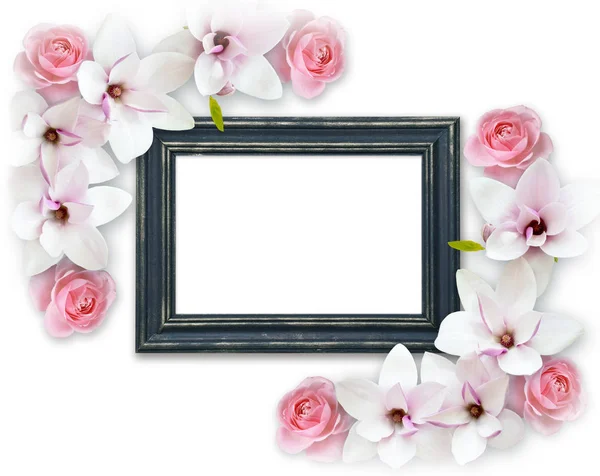Fotolijstjes met witte magnolia bloemen en rozen — Stockfoto