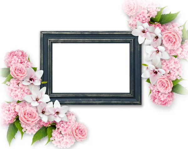 Fotolijstjes met magnolia bloemen, rozen en hortensia — Stockfoto