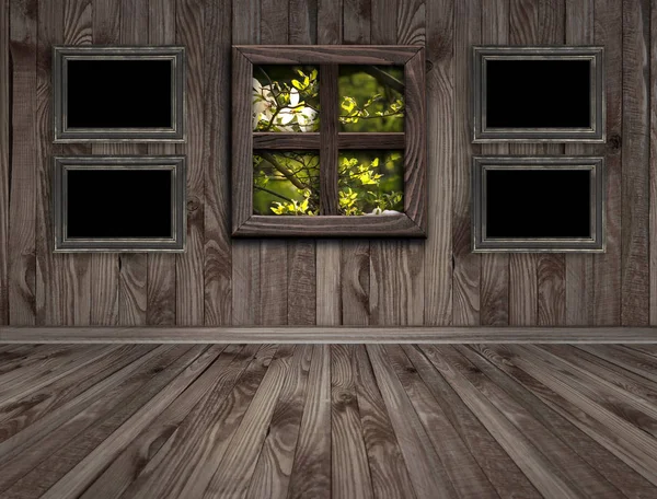 Wnętrza pokoju z ramek i magnolia drzewa za oknem — Zdjęcie stockowe