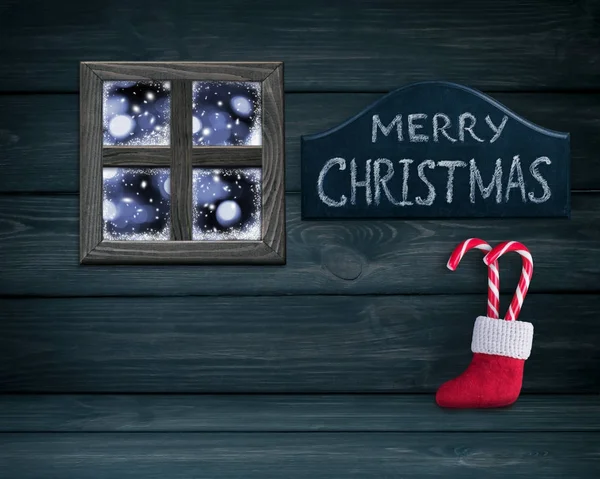 Camera di Natale interno con Babbo Natale, cartello di auguri — Foto Stock