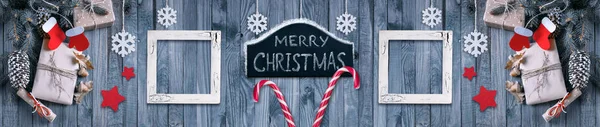 Christmas banner with gifts and photo frame — Stock Photo, Image
