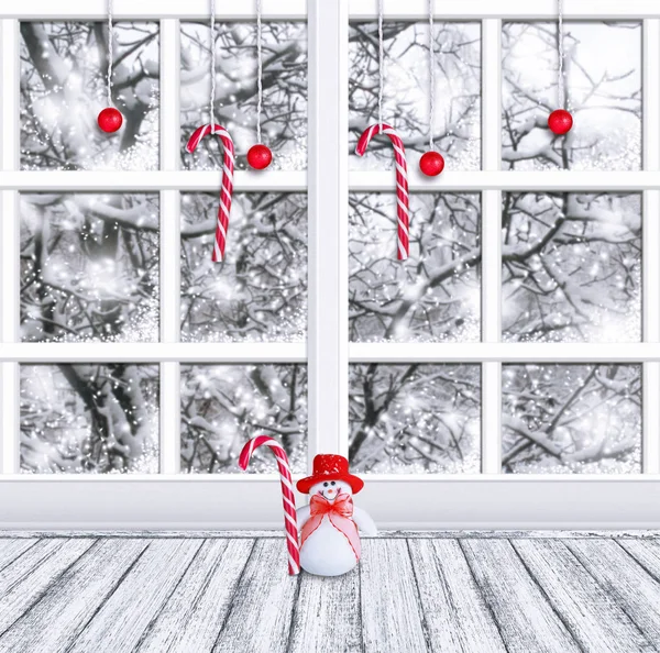 Boże Narodzenie wnętrza pokoju z oknem zima i wystrój nowy rok — Zdjęcie stockowe
