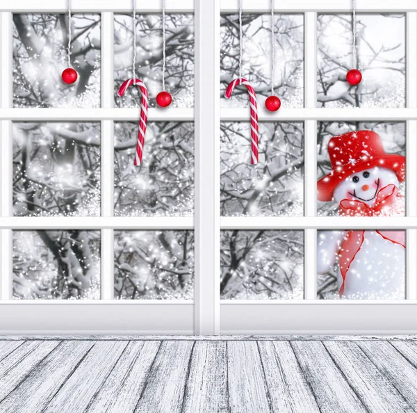 Boże Narodzenie wnętrza pokoju z oknem zima i wystrój nowy rok — Zdjęcie stockowe