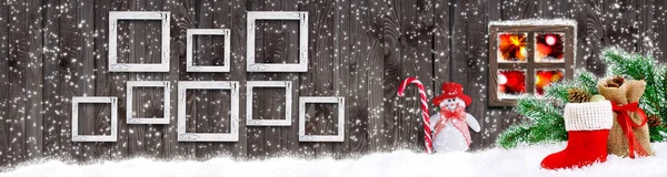 Banner navideño con marcos, Snowman y bota de Santa — Foto de Stock