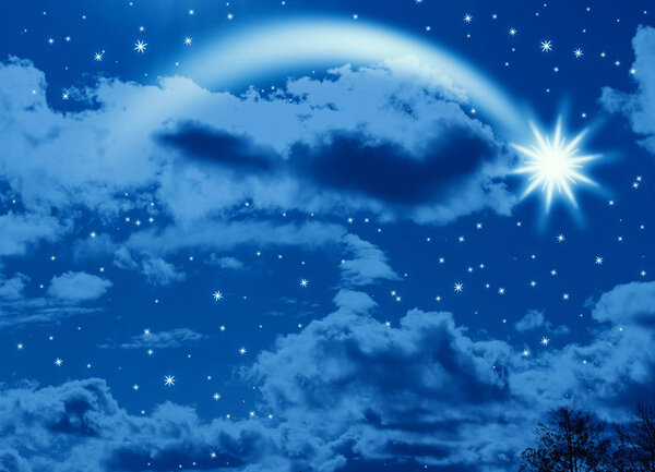 Christmas star flies in starry night sky with clouds.