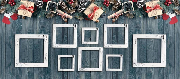 Kerst banner met foto frames, vuren, de doos van de gift — Stockfoto