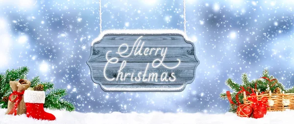 Kerst banner. Santa boot met uithangbord, ballen, tas, geschenken — Stockfoto