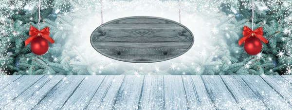 看板、モミの木、2 つのボールでクリスマスの背景 — ストック写真