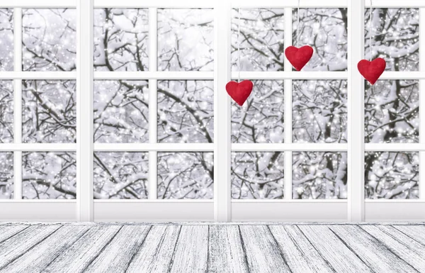 Interior da casa para dia dos namorados, janela, pendurado corações artesanais — Fotografia de Stock