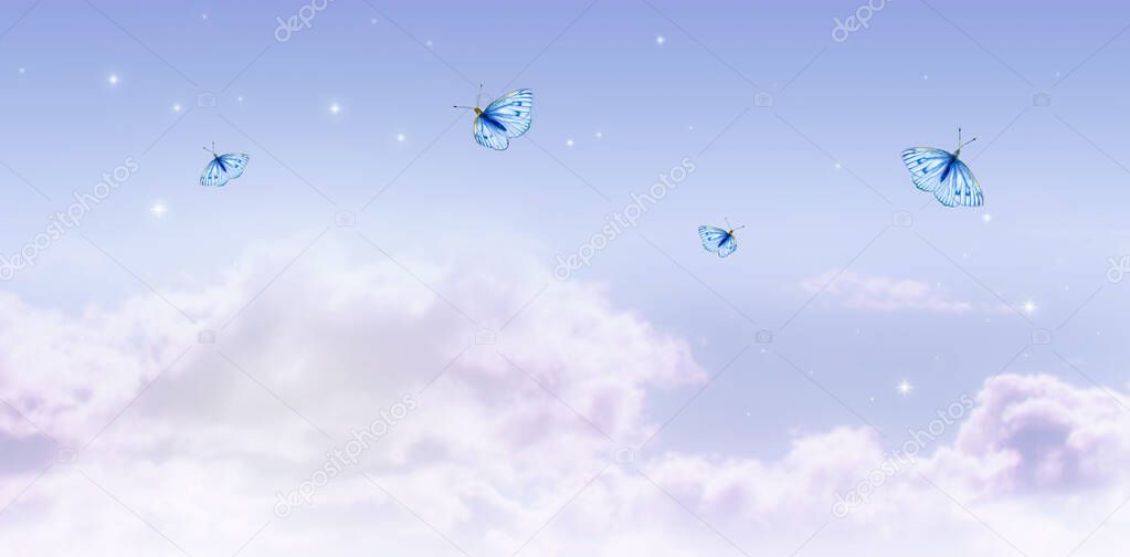 Fantasy fairy tale banner background of fabulous morning dawning cloudy sky with flying fluttering butterflies, shining stars and mysterious clouds