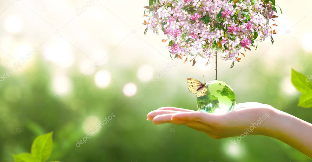 Card for World Earth Day. Saving environment, save and protect clean green planet and ecology. Glass globe ball, butterfly and growing blooming sakura cherry in human hand. Planting trees concept.