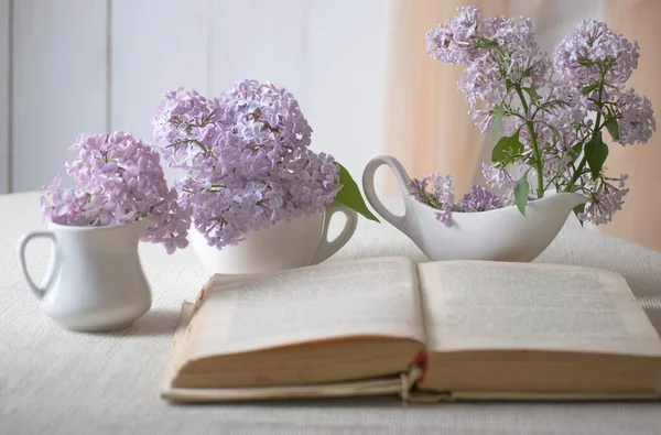 Interior Quarto Com Lilases Flor Vaso Velho Livro Conto Fadas — Fotografia de Stock