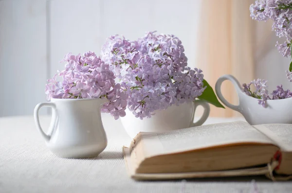 Room interior with lilacs flower in vase and old vintage open fairytale book on table and curtain hanging on wall, tender romantic spring home decor in morning light, soft focus.