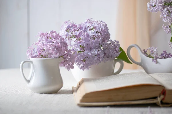 Interior Quarto Com Lilases Flor Vaso Velho Livro Conto Fadas — Fotografia de Stock