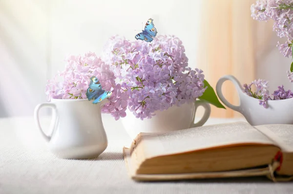 Room interior with lilacs flower in vase, old vintage open fairytale book on table and flying butterflies, tender romantic spring home decor in morning light, soft focus, reading literature concept.