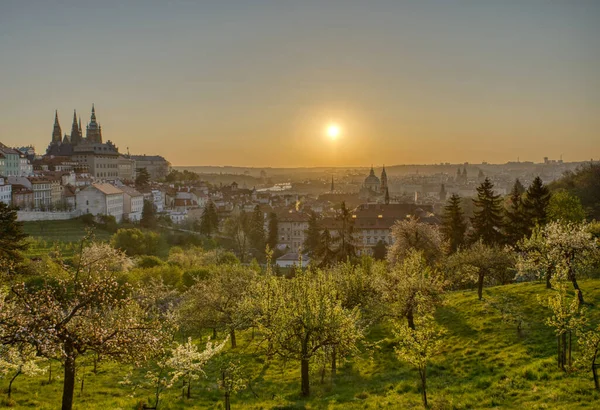 Bu güzel gün doğumunda Prag 'ın üzerinde güneş belirdi.