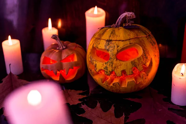 Halloween Pompoen Drie Kaars Achtergrond — Stockfoto