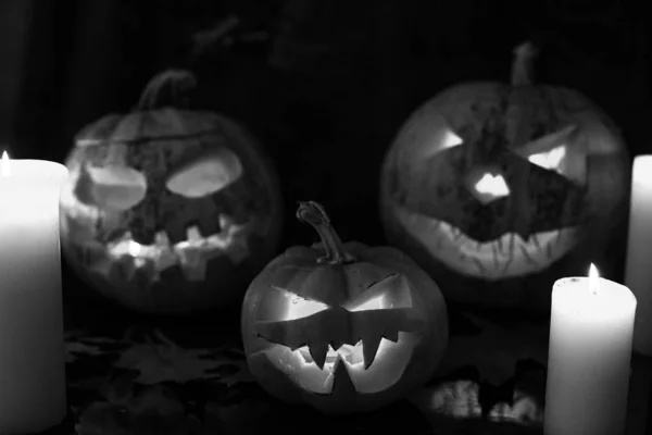 Halloween Pompoen Drie Kaars Achtergrond — Stockfoto