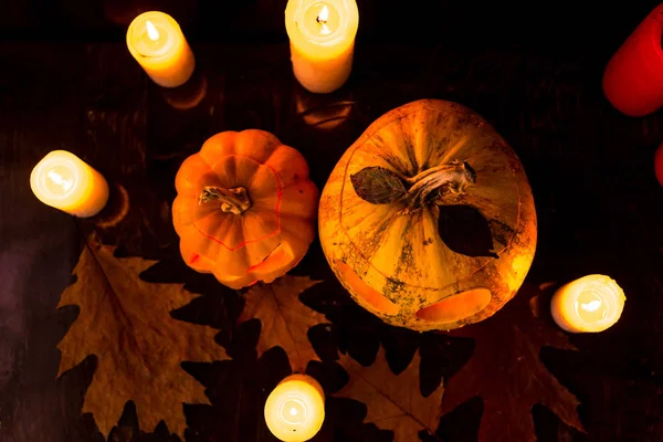 Halloween Pumpkin Three Candle Background — Stock Photo, Image