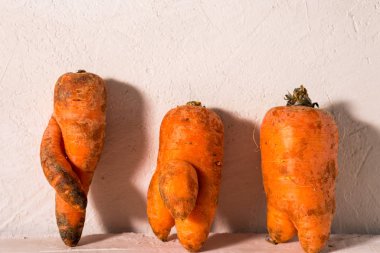 Çirkin sebzeler, arka planda havuçlar. Komik canavar havucu. Yiyecek endüstrisinde atık olmayan üretim kavramı.