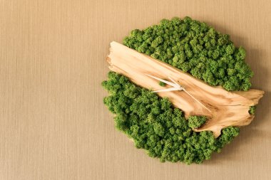 Doğal malzemelerden yapılmış duvar saati ahşap ve yosun beyaz okları ve metin için yer