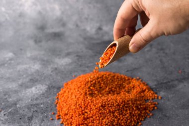 Gri arka planda mercimek ahşap kaşıkta kırmızı mercimek ve yakın plan sağlıklı yiyecek.