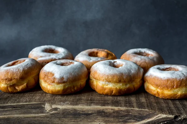 Lush Sweet Homemade Donuts Sprinkled Powdered Sugar Wooden Background — Stock Photo, Image