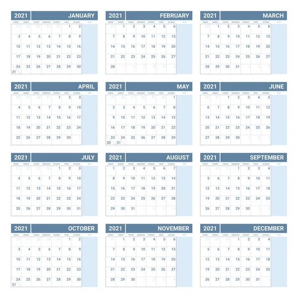 2021 Semana Del Calendario Comienza Domingo Plantilla Calendario Anual Imprimible — Vector de stock