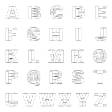 Kablo çerçeve harfleri alfabe. Beyaz arkaplan üzerindeki soyut çizgi sanat yazı tipi.