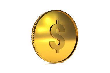 3D işlemeli, beyaz arka planda dolar işareti olan altın sikke. Dolar parası eğimli bir açıyla görülüyor.