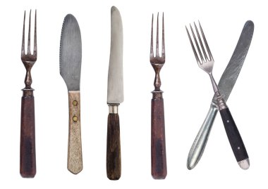 Güzel eski vintage çatal ve bıçak beyaz backgroun izole