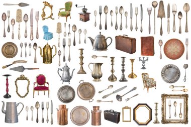 Antika eşyaları büyük set. Vintage ev eşyaları, gümüş, mobilya ve daha fazlası. Beyaz arka plan üzerinde izole.