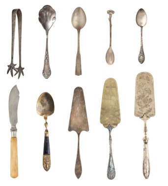 Vintage gümüş, antika kaşık, bıçak, izole beyaz arka plan üzerinde izole kek kürek. Antika gümüş. Retro.