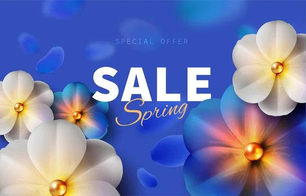 Hello blue spring sale background stock vector illustration. Realistic flower, blurred defocused backdrop. Macro flowers. Green bokeh. Templates for placards, banners, flyers, presentations reports Vektorgrafiken