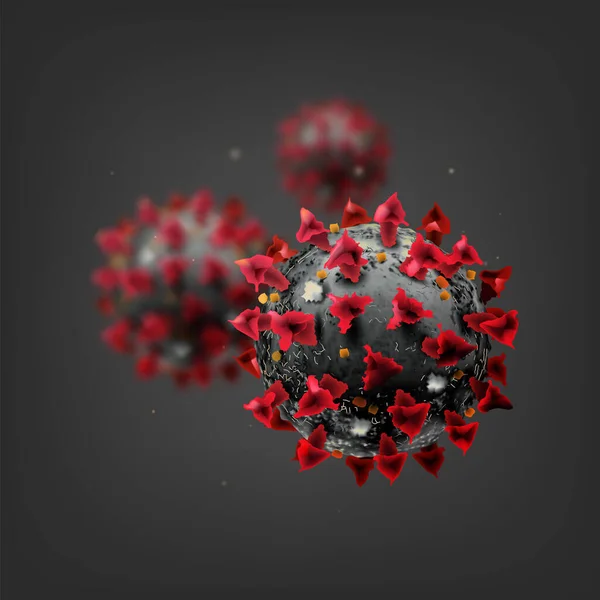 COVID-19 Coronavirus chino bajo el microscopio. Ilustración realista vector 3d. Pandemia, enfermedad. Flotante China patógeno influenza respiratoria covid virus células — Vector de stock