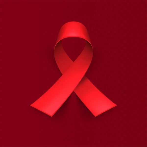 Realisztikus piros szalag, a világ AIDS-nap szimbóluma, december 1. Vörös háttér, háttér. Plakátok, bannerek, szórólapok, prezentációk, jelentések, meghívók, plakátok, prospektusok, utalvány kedvezmények sablonjai — Stock Vector