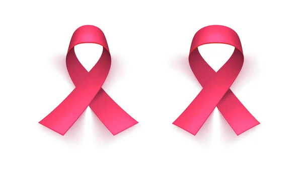 Realistic pink ribbon, breast cancer awareness symbol. Pink background, backdrop. Templates for placards, banners, flyers, presentations, reports, invitation, posters, brochure, voucher discount — Stock Vector