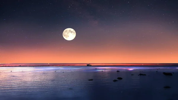 Estrelado Céu Lua Estrelas Pôr Sol Verão Noite Mar Cidade — Fotografia de Stock