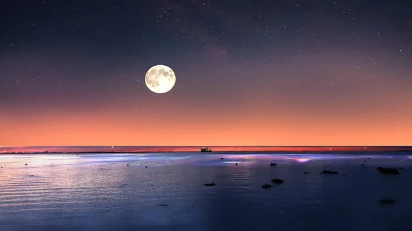 starry sky moon stars sunset summer night seascape city panorama night light reflection  on water harbor moon on blue sky Old town Tallinn Baltic sea