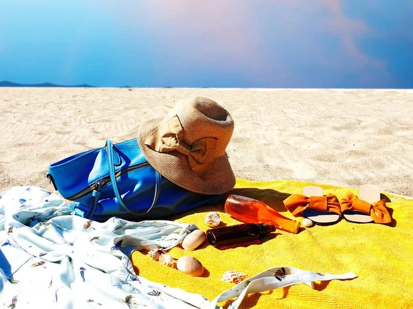 Summer Holiday Sand Beach Blue Sky Beachwear Summer Clothes Fashion — 스톡 사진