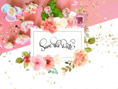 Kadınlar ve Sevgililer Günü için selamlar, beyaz çiçekli pembe güller üzerine yazılar fotokopi alanı mutlu romantik sevgililer günü ve doğum günü tebrik kartı, güzel çiçek arkaplanı 