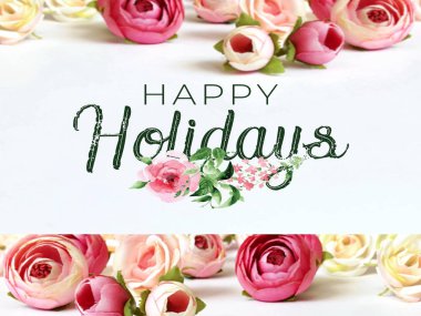 Kadınlar ve Sevgililer Günü için selamlar, beyaz çiçekli pembe güller üzerine yazılar fotokopi alanı mutlu romantik sevgililer günü ve doğum günü tebrik kartı, güzel çiçek arkaplanı 