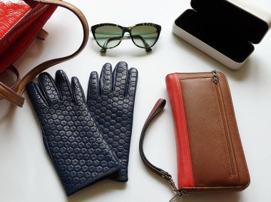 Kadın aksesuarları Deri eldivenler, beyaz kot pantolonlar, siyah güneş gözlüğü, cüzdan, mavi beyaz kot pantolon ve süveter, beyaz arka planda lüks moda kızları, şık konsept. 