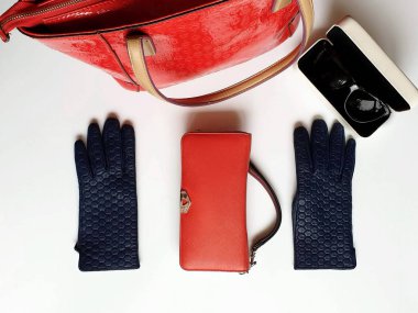 Kadın aksesuarları Deri eldivenler, beyaz kot pantolonlar, siyah güneş gözlüğü, cüzdan, mavi beyaz kot pantolon ve süveter, beyaz arka planda lüks moda kızları, şık konsept. 