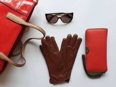 Kadın aksesuarları Deri eldivenler, beyaz kot pantolonlar, siyah güneş gözlüğü, cüzdan, mavi beyaz kot pantolon ve süveter, beyaz arka planda lüks moda kızları, şık konsept. 