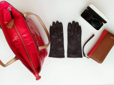 Kadın aksesuarları Deri eldivenler, beyaz kot pantolonlar, siyah güneş gözlüğü, cüzdan, mavi beyaz kot pantolon ve süveter, beyaz arka planda lüks moda kızları, şık konsept. 