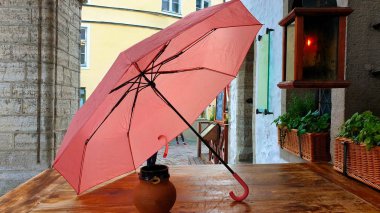 Tallinn 'de sonbahar akşamları açık pembe şemsiyeli sokak kafesi yağmurlu sezon sokak akşamı aydınlık şehir insanları manzara, Avrupa seyahati 