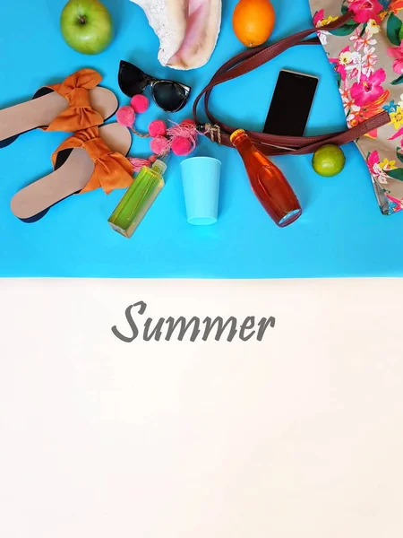 Holiday Travel Accessories Clothes Women Bikini Beachwear Food Sand Blue — Stock Photo, Image