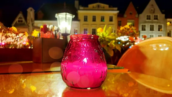 Stadt Straßencafé Tasse Kaffee Auf Dem Tisch Abend Tallinn Altstadt — Stockfoto